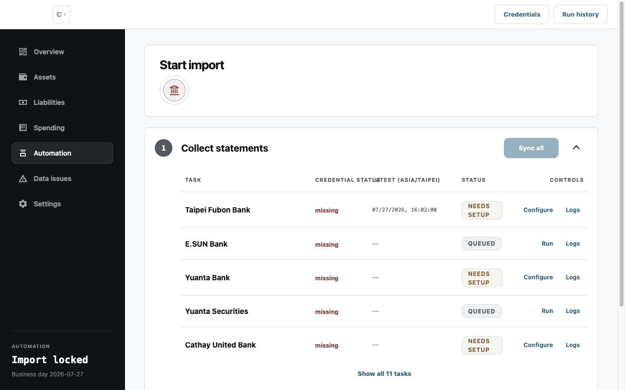 OctopusBeak automation screen listing supported statement collection tasks